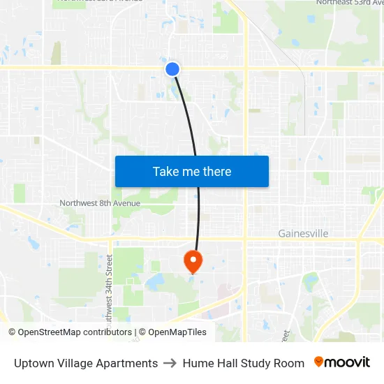 Uptown Village Apartments to Hume Hall Study Room map