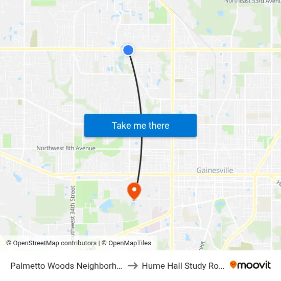 Palmetto Woods Neighborhood to Hume Hall Study Room map