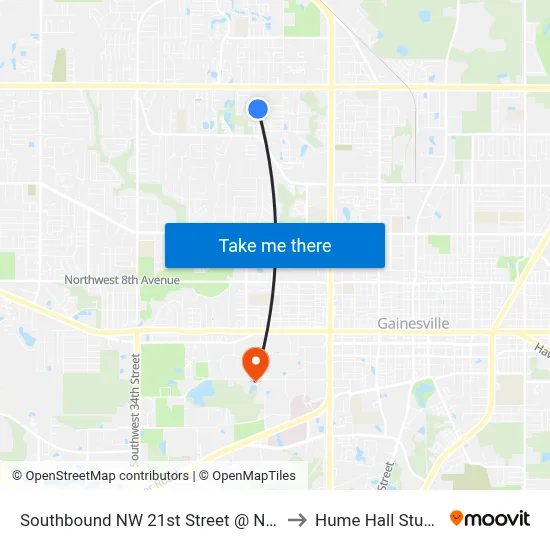 Southbound NW 21st Street @ NW 36th Avenue to Hume Hall Study Room map