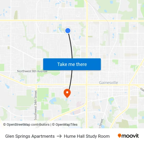Glen Springs Apartments to Hume Hall Study Room map