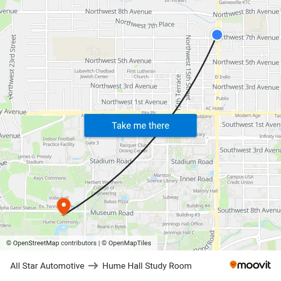 All Star Automotive to Hume Hall Study Room map