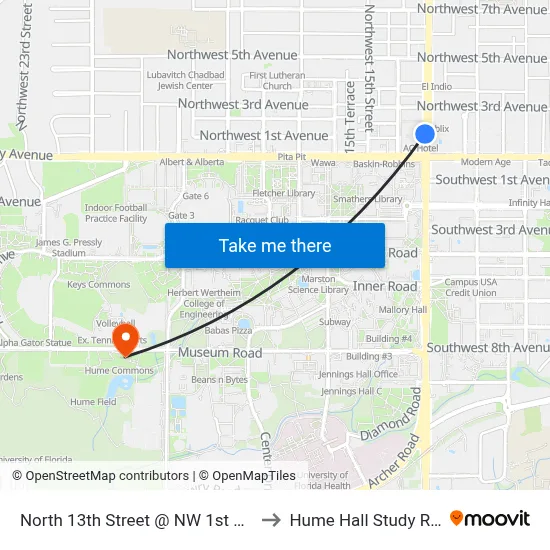 North 13th Street @ NW 1st Avenue to Hume Hall Study Room map