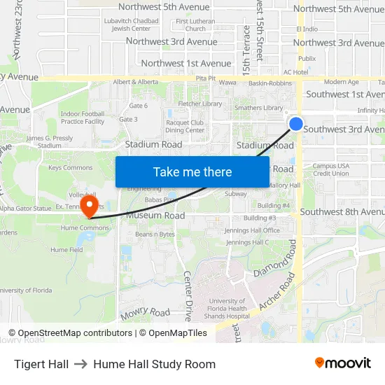 Tigert Hall to Hume Hall Study Room map