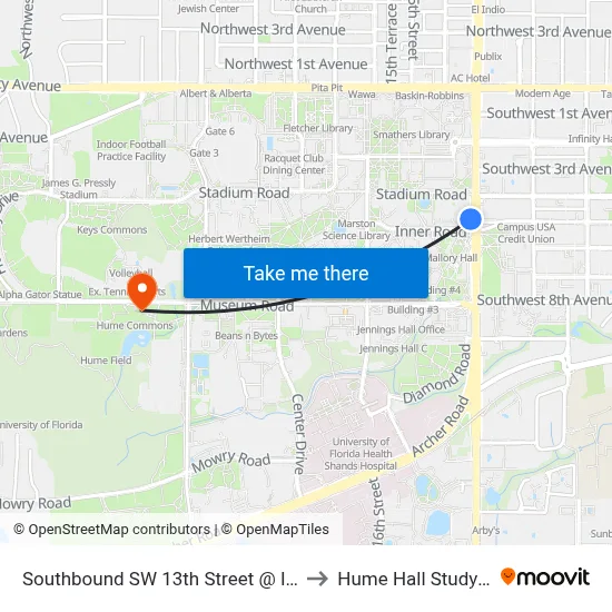 Southbound SW 13th Street @ Inner Road to Hume Hall Study Room map