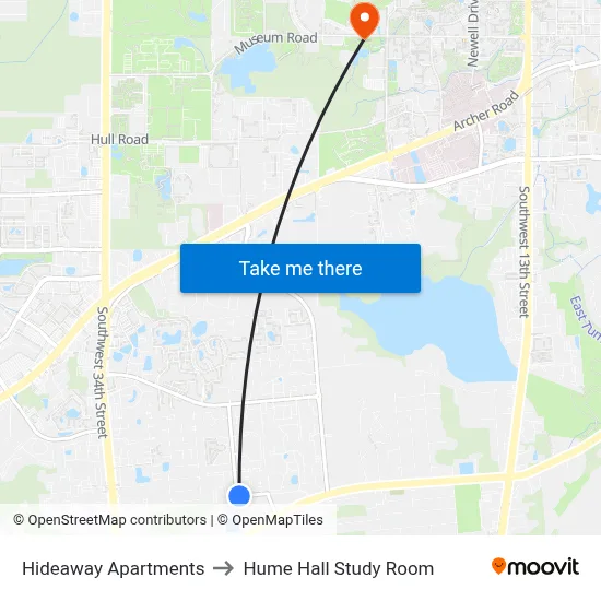 Hideaway Apartments to Hume Hall Study Room map