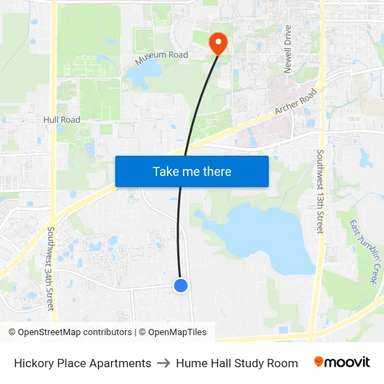 Hickory Place Apartments to Hume Hall Study Room map