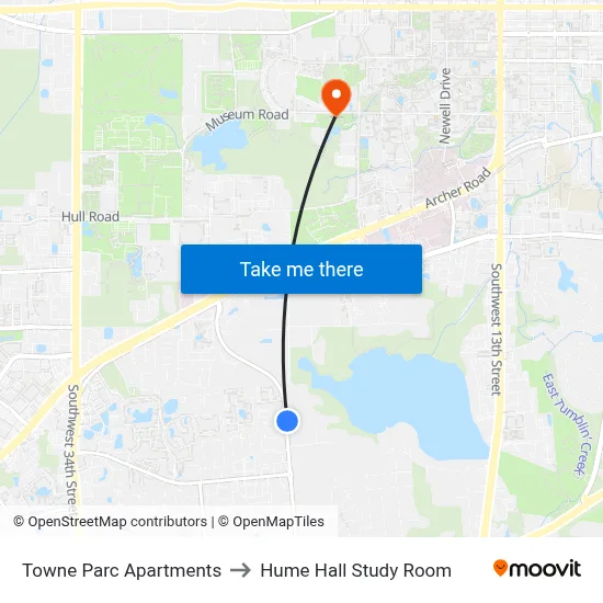 Towne Parc Apartments to Hume Hall Study Room map
