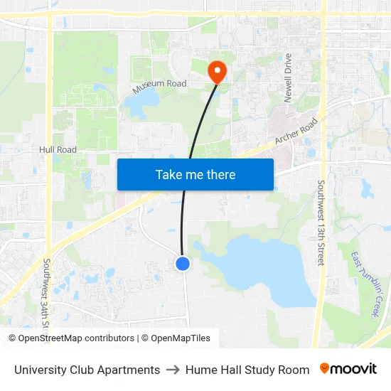 University Club Apartments to Hume Hall Study Room map