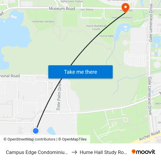 Campus Edge Condominiums to Hume Hall Study Room map