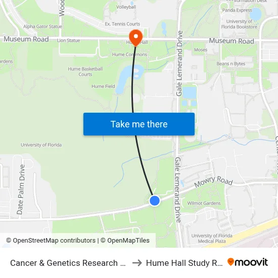 Cancer & Genetics Research Center to Hume Hall Study Room map