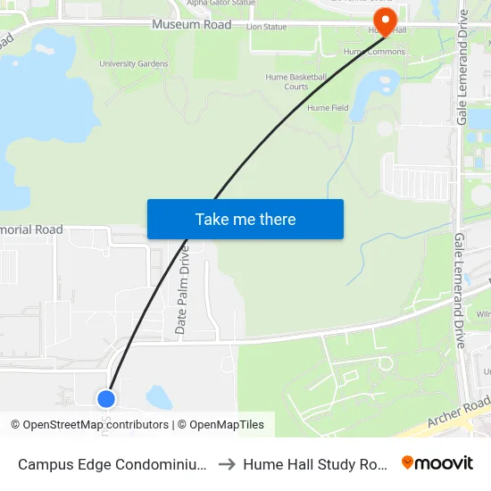 Campus Edge Condominiums to Hume Hall Study Room map