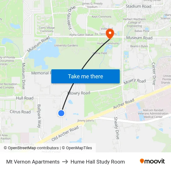 Mt Vernon Apartments to Hume Hall Study Room map