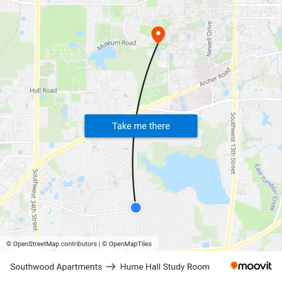 Southwood Apartments to Hume Hall Study Room map