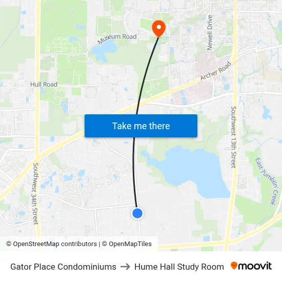 Gator Place Condominiums to Hume Hall Study Room map