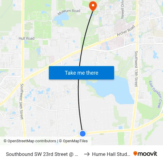 Southbound SW 23rd Street @ Williston Road to Hume Hall Study Room map