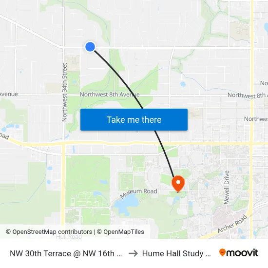 NW 30th Terrace @ NW 16th Avenue to Hume Hall Study Room map