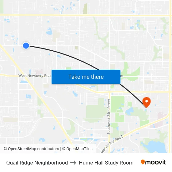 Quail Ridge Neighborhood to Hume Hall Study Room map