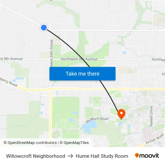 Willowcroft Neighborhood to Hume Hall Study Room map