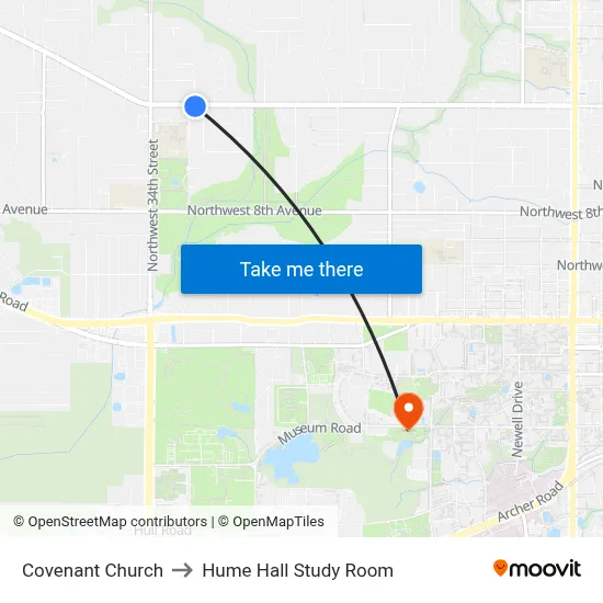 Covenant Church to Hume Hall Study Room map