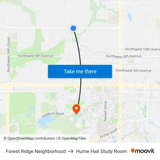 Forest Ridge Neighborhood to Hume Hall Study Room map