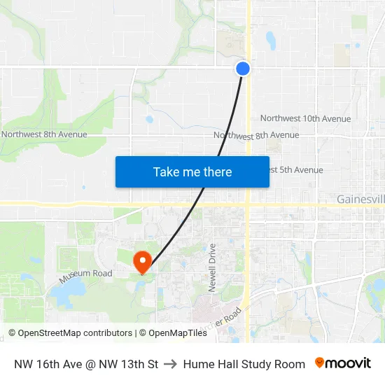 NW 16th Ave @ NW 13th St to Hume Hall Study Room map