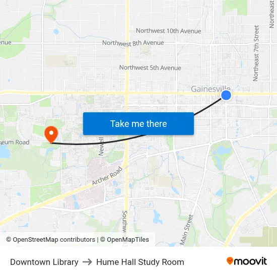 Downtown Library to Hume Hall Study Room map