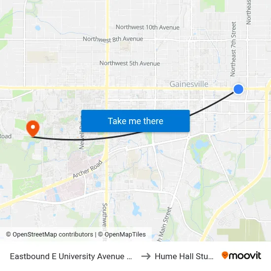 Eastbound E University Avenue @ SE 8th Street to Hume Hall Study Room map