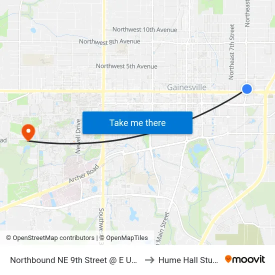 Northbound NE 9th Street @ E University Avenue to Hume Hall Study Room map
