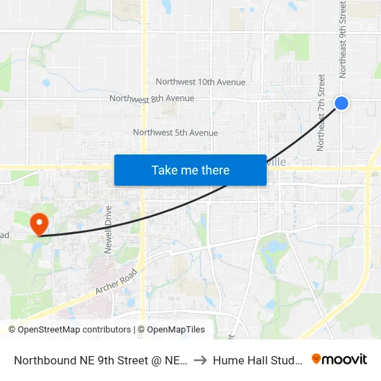 Northbound NE 9th Street @ NE 8th Avenue to Hume Hall Study Room map