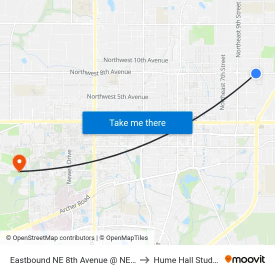 Eastbound NE 8th Avenue @ NE 11th Street to Hume Hall Study Room map