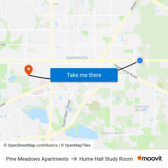 Pine Meadows Apartments to Hume Hall Study Room map