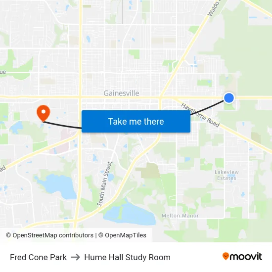Fred Cone Park to Hume Hall Study Room map