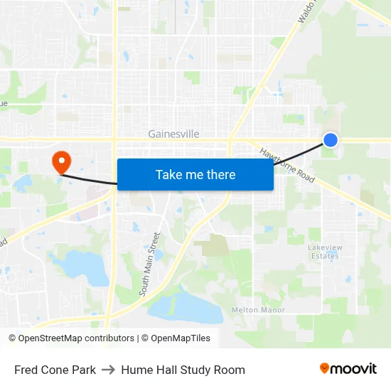 Fred Cone Park to Hume Hall Study Room map