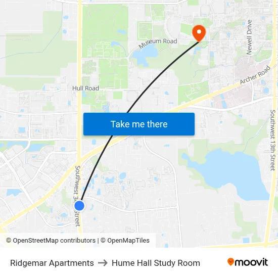 Ridgemar Apartments to Hume Hall Study Room map