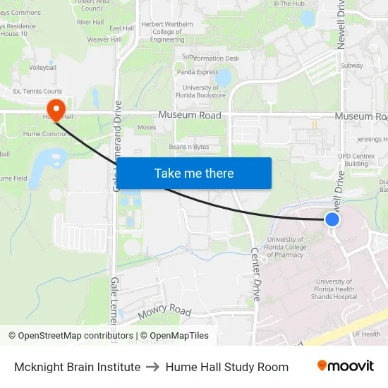 Mcknight Brain Institute to Hume Hall Study Room map