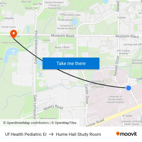 Uf Health Pediatric Er to Hume Hall Study Room map