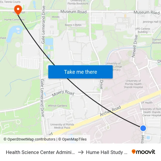 Health Science Center Administration to Hume Hall Study Room map