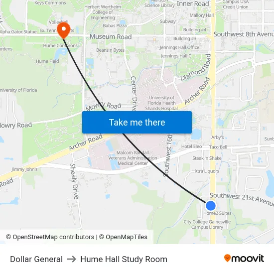 Dollar General to Hume Hall Study Room map