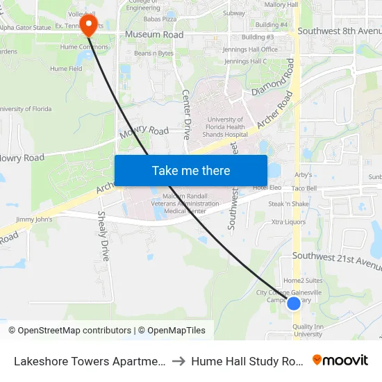 Lakeshore Towers Apartments to Hume Hall Study Room map
