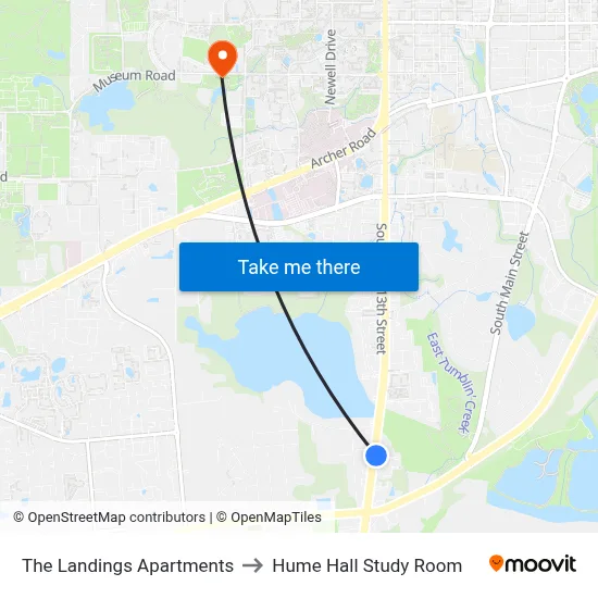 The Landings Apartments to Hume Hall Study Room map