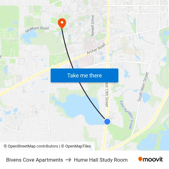 Bivens Cove Apartments to Hume Hall Study Room map
