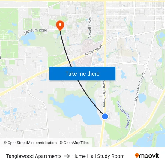 Tanglewood Apartments to Hume Hall Study Room map