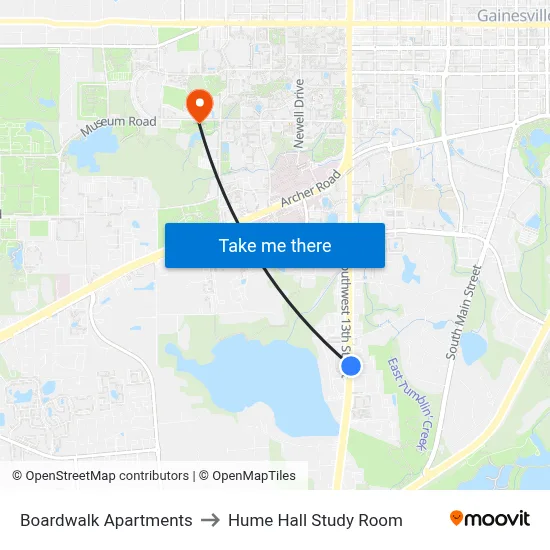 Boardwalk Apartments to Hume Hall Study Room map