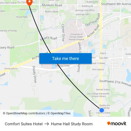 Comfort Suites Hotel to Hume Hall Study Room map