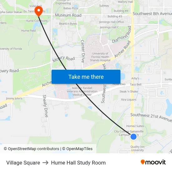 Village Square to Hume Hall Study Room map