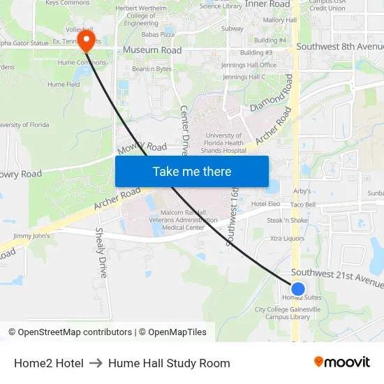 Home2 Hotel to Hume Hall Study Room map