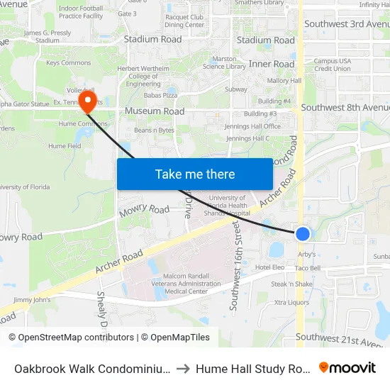 Oakbrook Walk Condominiums to Hume Hall Study Room map