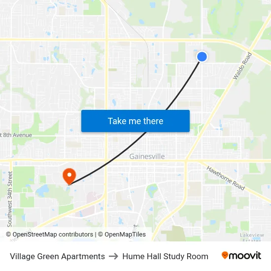 Village Green Apartments to Hume Hall Study Room map
