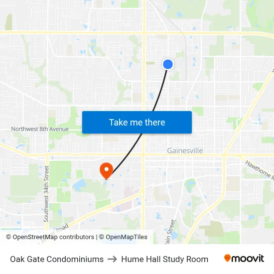 Oak Gate Condominiums to Hume Hall Study Room map