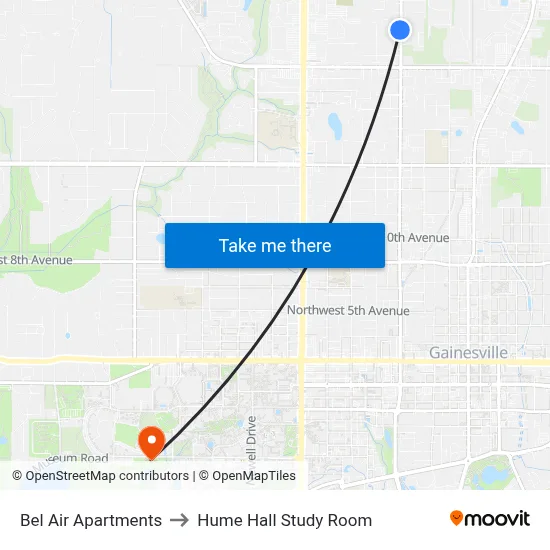 Bel Air Apartments to Hume Hall Study Room map